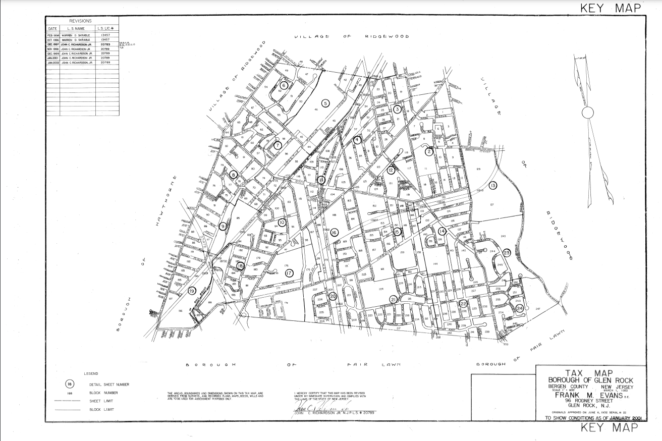 1994 Glen Rock Tax Map Index with clickable numbered plates